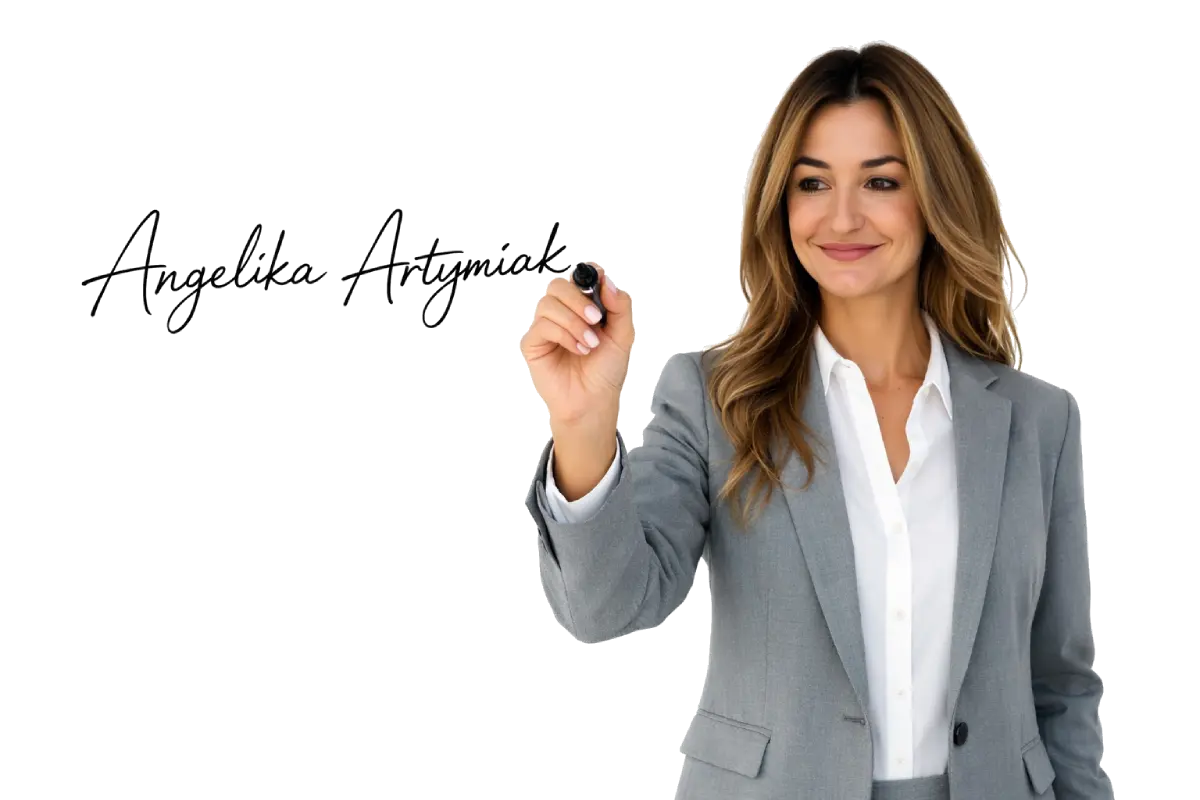 Angelika Artymiak pośrednik kredytowy z konsolidacja Online podpisuje się markerem imieniem i nazwiskiem
