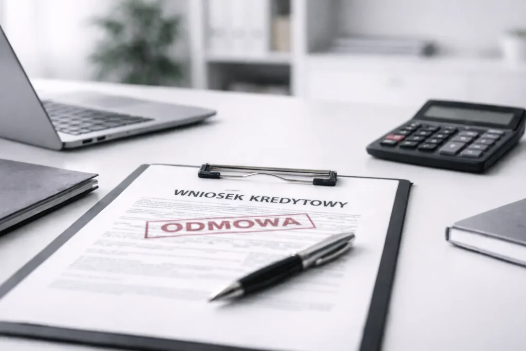 Odmowa kredytu firmowego, dokumenty długopis i kalkulator na biurku