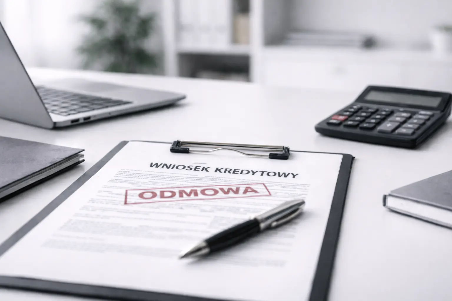 Odmowa kredytu firmowego, dokumenty długopis i kalkulator na biurku