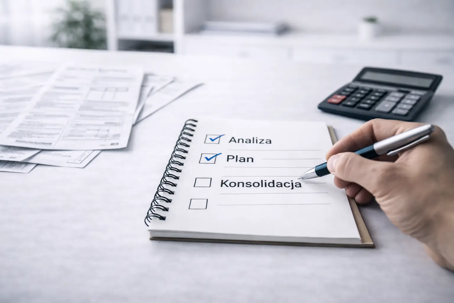 Notatnik z listą działań - analiza, plan i konsolidacja oraz dokumenty finansowe na biurku