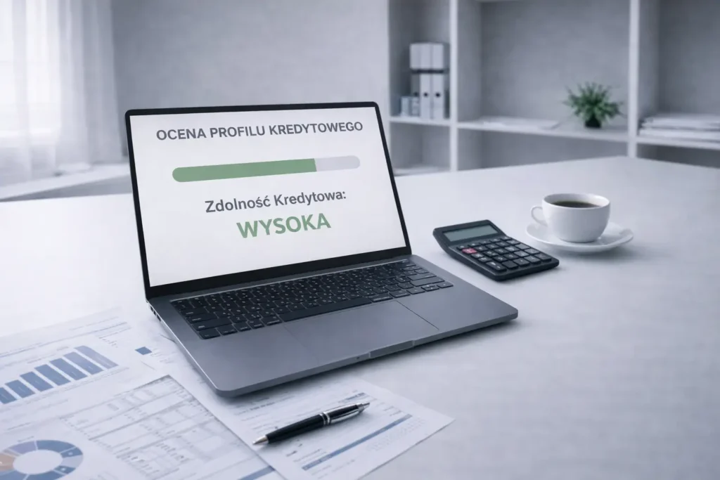 Ocena profilu kredytowego pokazana na laptopie. Na stole kalkulator i filiżanka kawy.