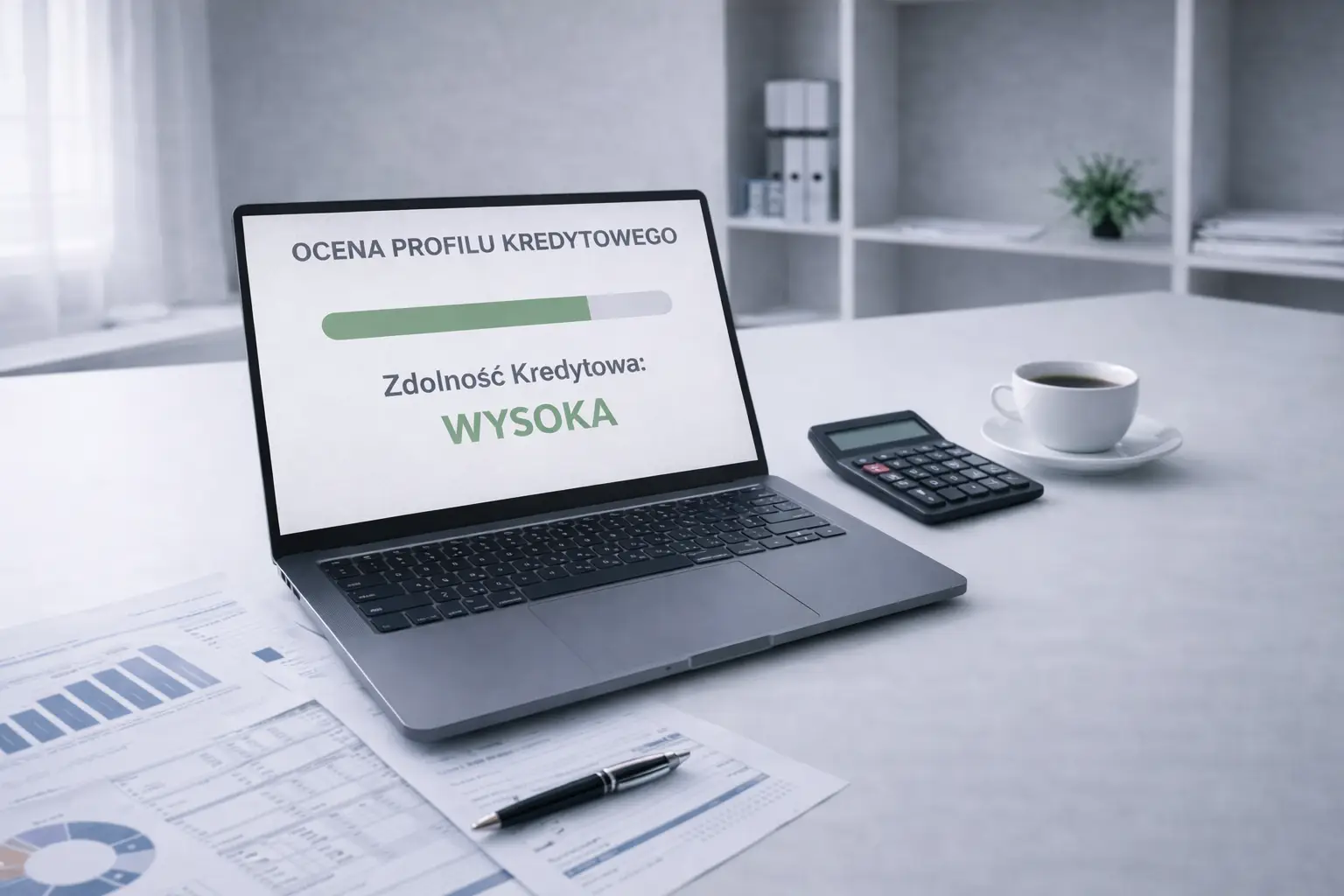 Ocena profilu kredytowego pokazana na laptopie. Na stole kalkulator i filiżanka kawy.